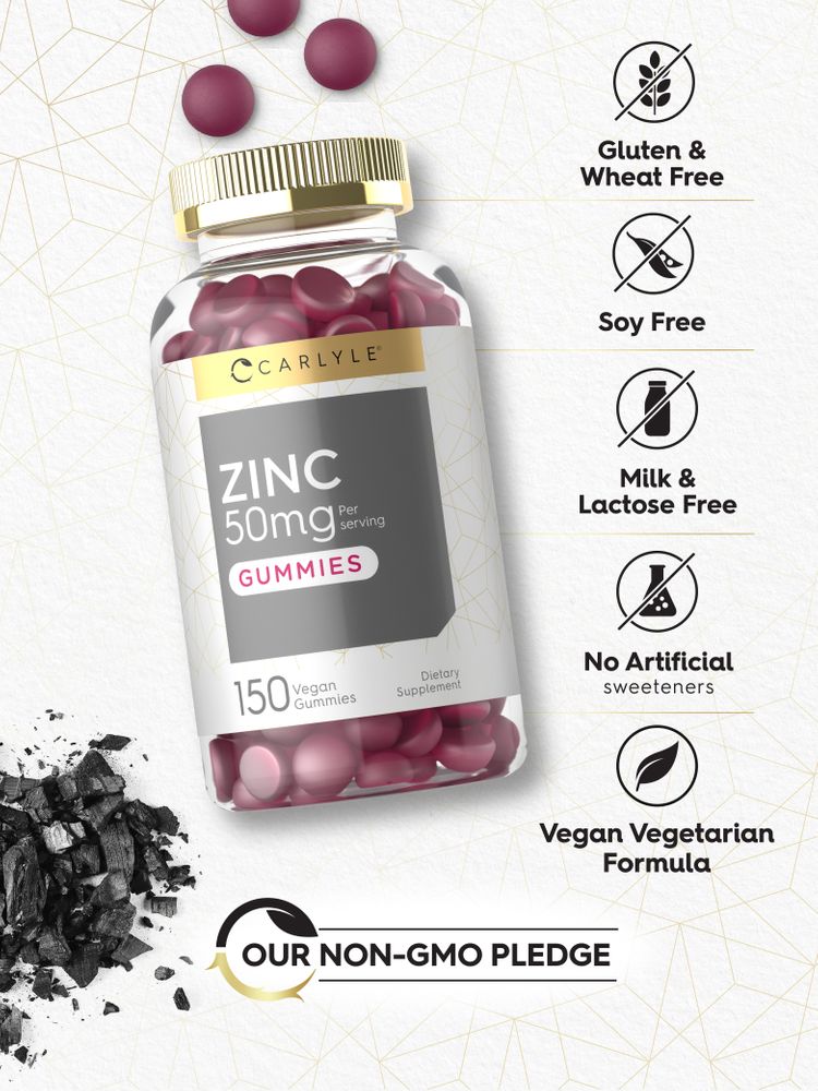Zinc Gummies bottle: Gluten & Wheat Free, Soy Free, Milk & Lactose Free, No Artificial sweeteners, Vegan Vegetarian Formula, OUR NON-GMO PLEDGE