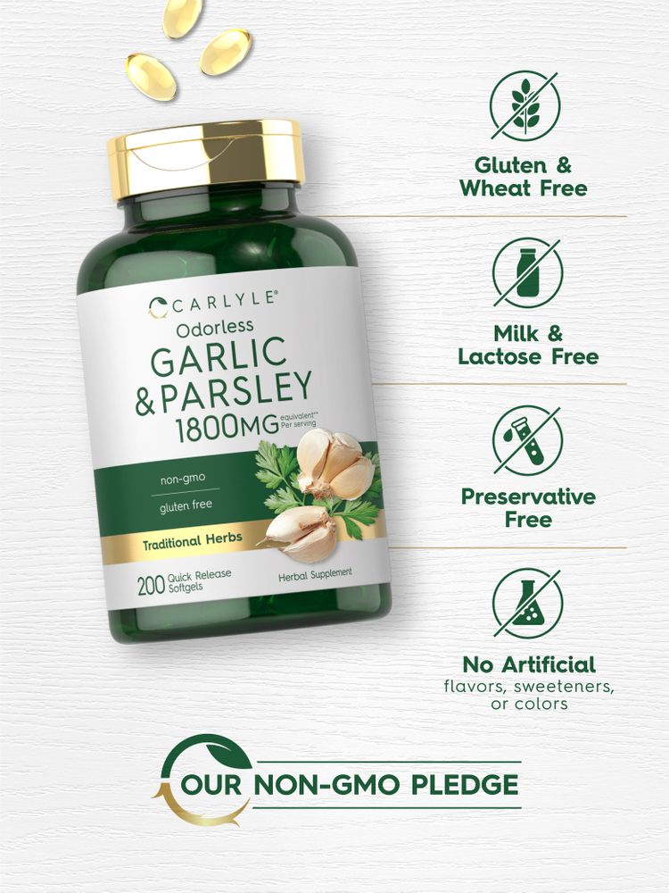 Three yellow softgels are shown above a green bottle of Carlyle Odorless Garlic & Parsley 1800mg.