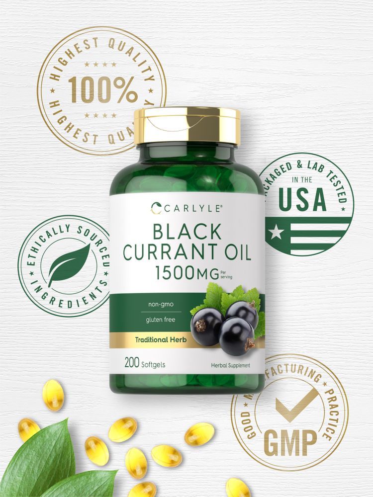 A bottle of Black Currant Oil 1500mg softgels on a hand scale.