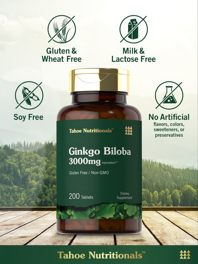 Ginkgo Biloba bottle: Gluten & Wheat Free, Milk & Lactose Free, Soy Free, No Artificial Flavors/Colors/Sweeteners/Preservatives
