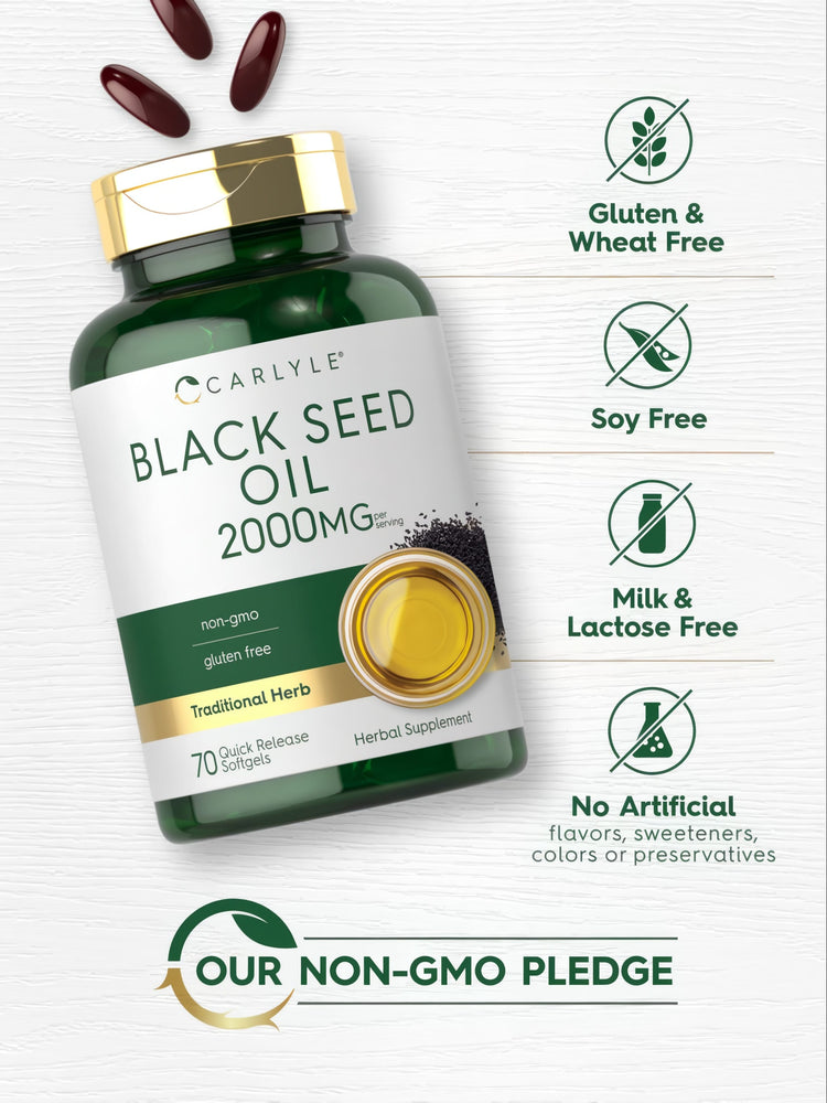 Carlyle Black Seed Oil 2000mg 70 Quick Release Softgels bottle with several loose dark red softgels displayed.