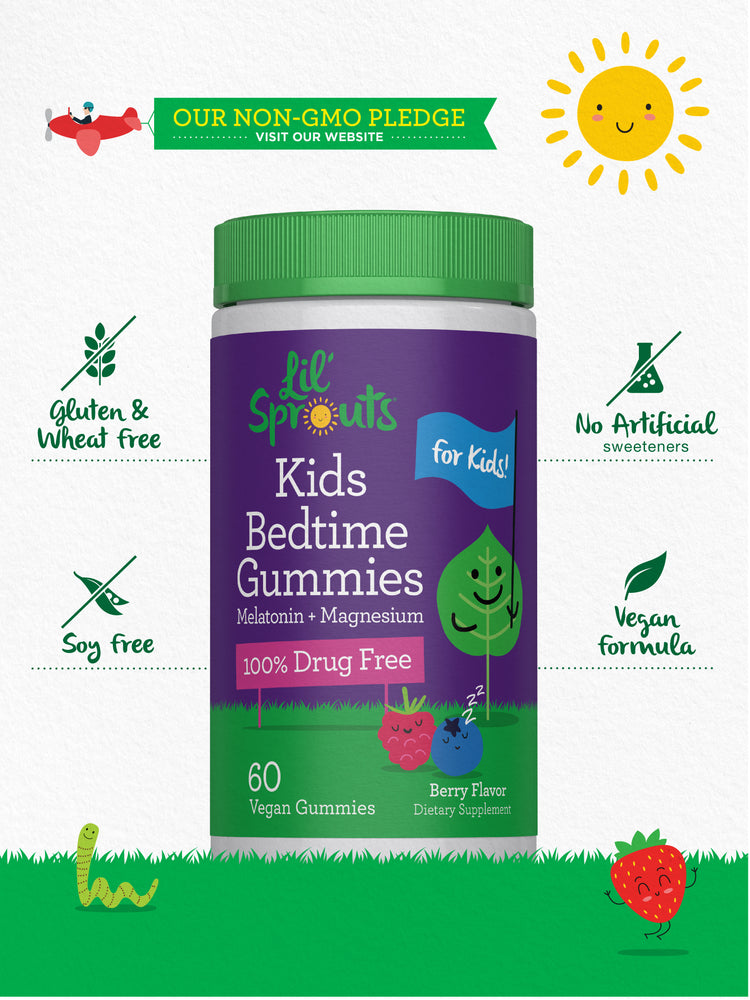 Kids Bedtime Gummies bottle features labels: non-GMO, gluten-free, soy-free, no artificial sweeteners, and vegan friendly.