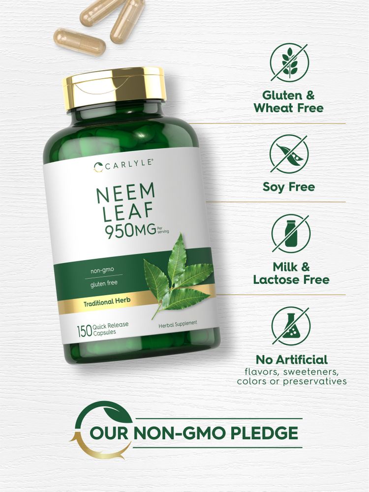 Hand holding multiple Neem Leaf 950mg Quick Release Capsules, highlighting the product's dosage and form for easy intake.