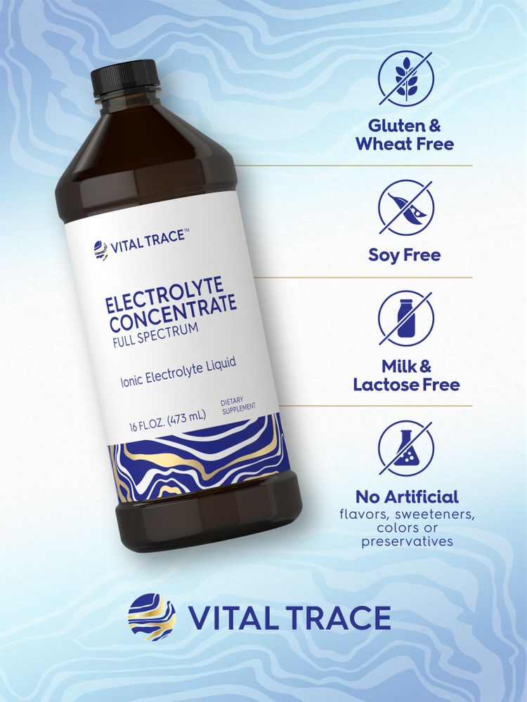 Hand holding a bottle of Vital Trace Electrolyte Concentrate Full Spectrum Ionic Electrolyte Liquid, 16 fl oz (473 mL).