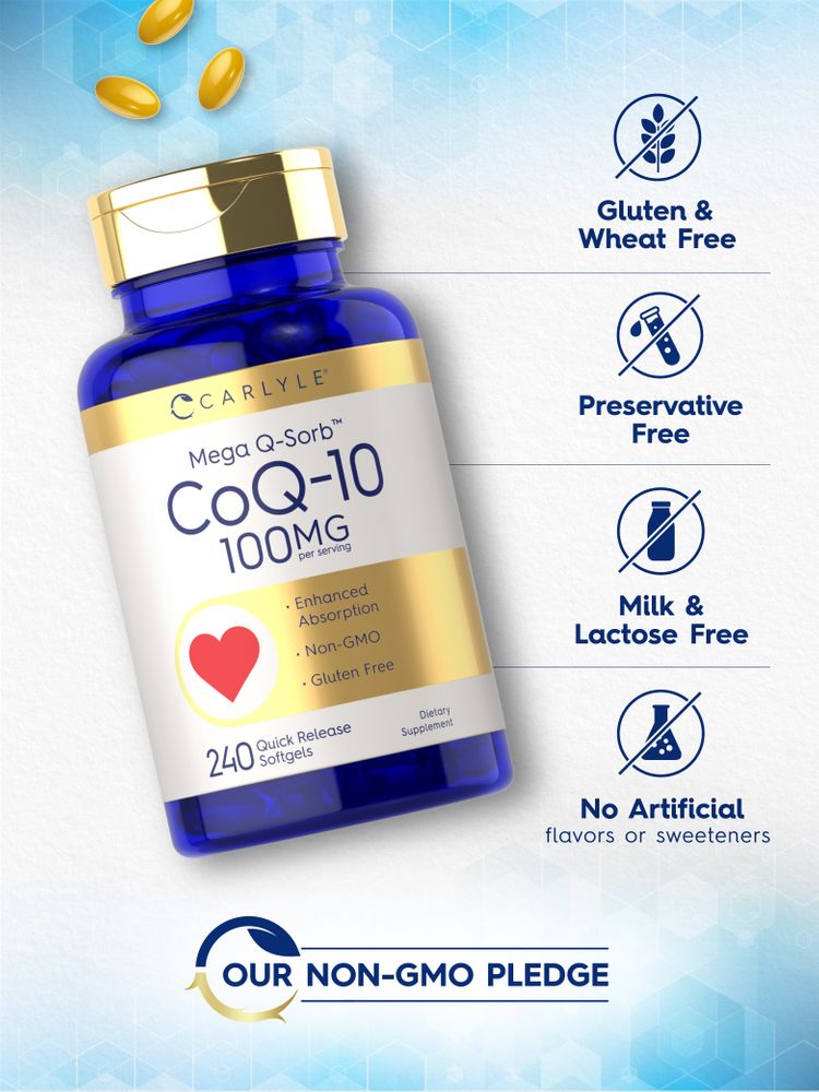 Yellow CoQ-10 100MG Quick Release Softgels alongside a bottle of 240 Carlyle CoQ-10 Softgels.