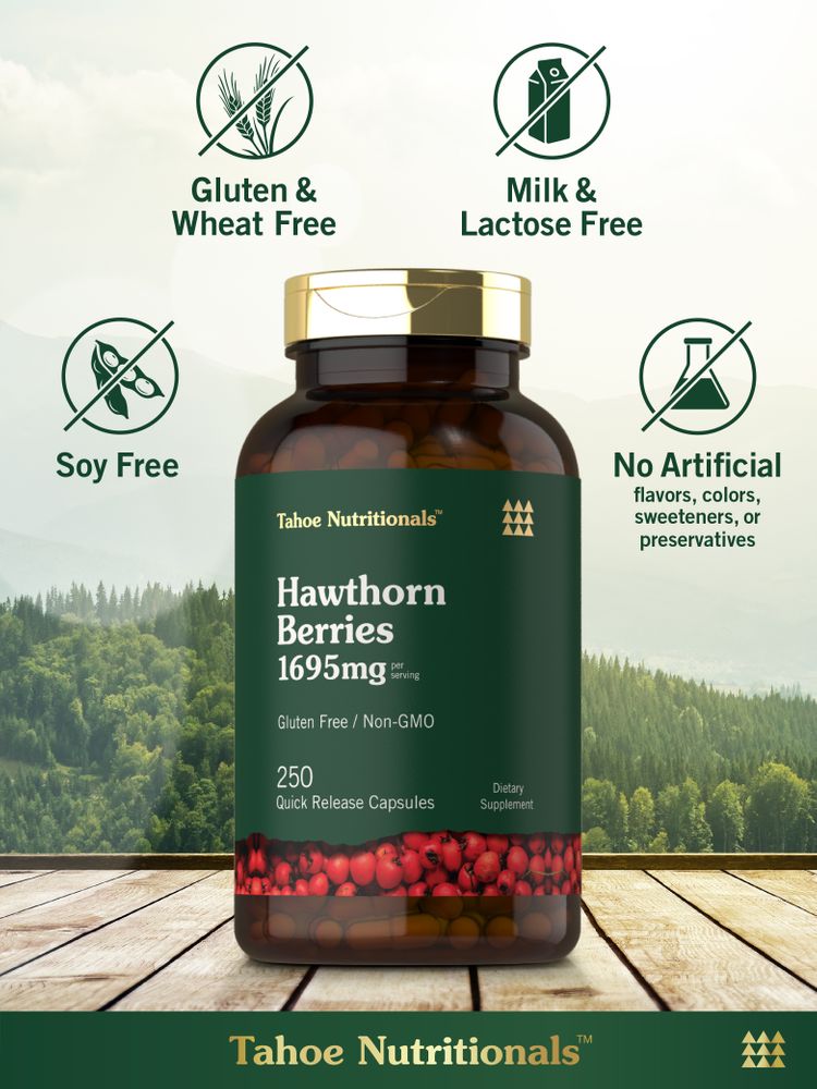 Bottle of Hawthorn Berries 1695mg Quick Release Capsules, with raw hawthorn berries shown at the bottom.