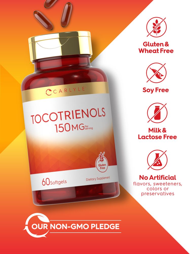 Dark red oval softgels labeled 150mg, near a Carlyle Tocotrienols bottle containing 60 softgels.