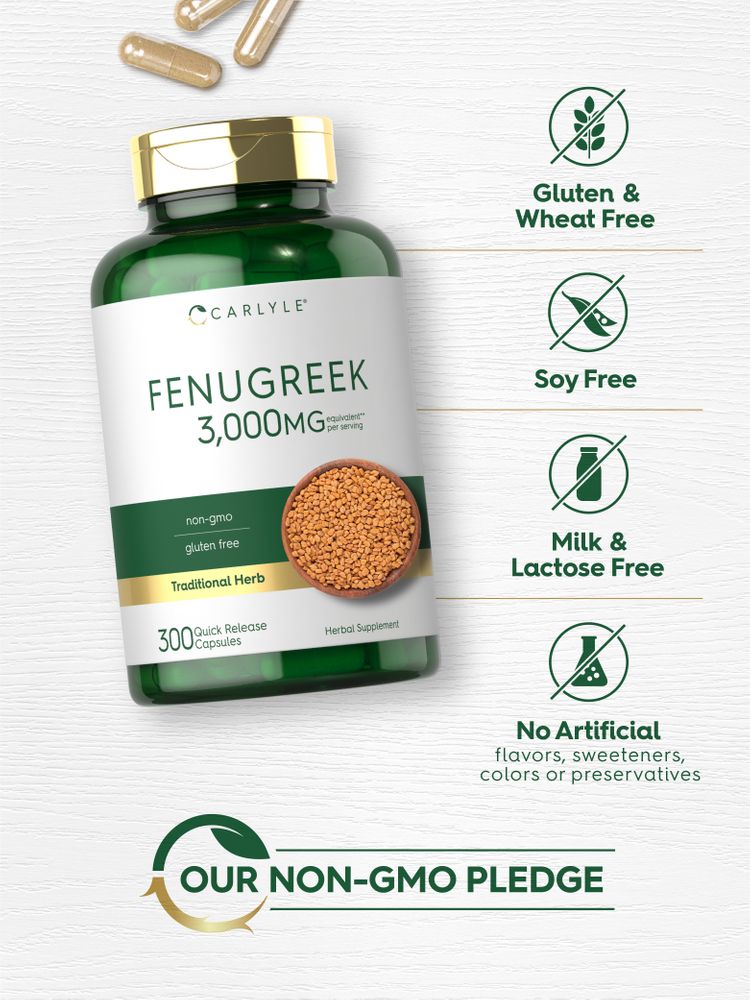 Fenugreek bottle: Gluten & Wheat Free, Soy Free, Milk & Lactose Free, No Artificial Flavors/Sweeteners/Colors/Preservatives, Non-GMO