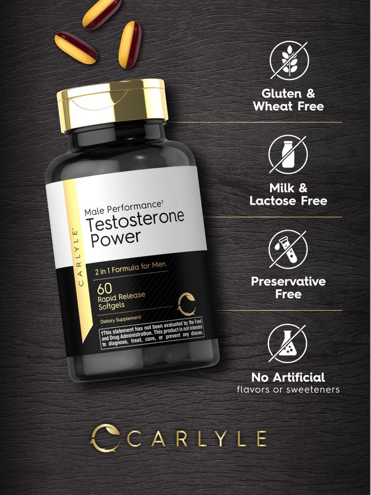 Three yellow and reddish-brown rapid release softgels from the Testosterone Power 60 Softgels bottle.