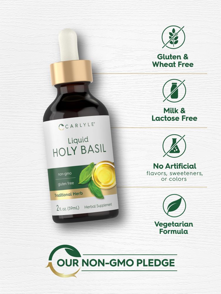 Holy Basil bottle: Gluten & Wheat Free, Milk & Lactose Free, No Artificial Flavors/Sweeteners/Colors, Vegetarian Formula, Non-GMO