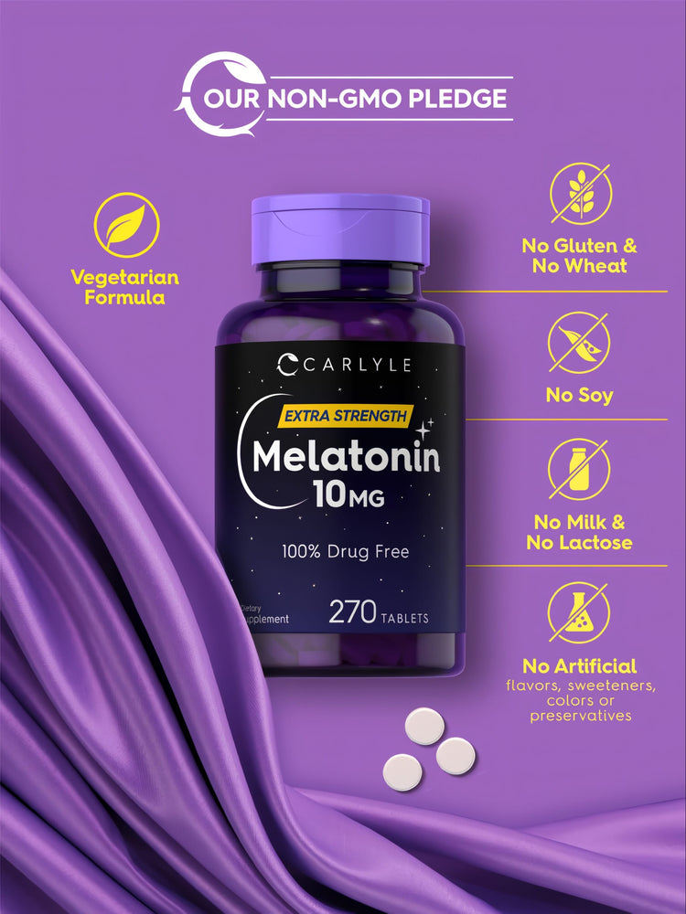 Three round white 10 mg Melatonin tablets rest on a flowing purple fabric background.