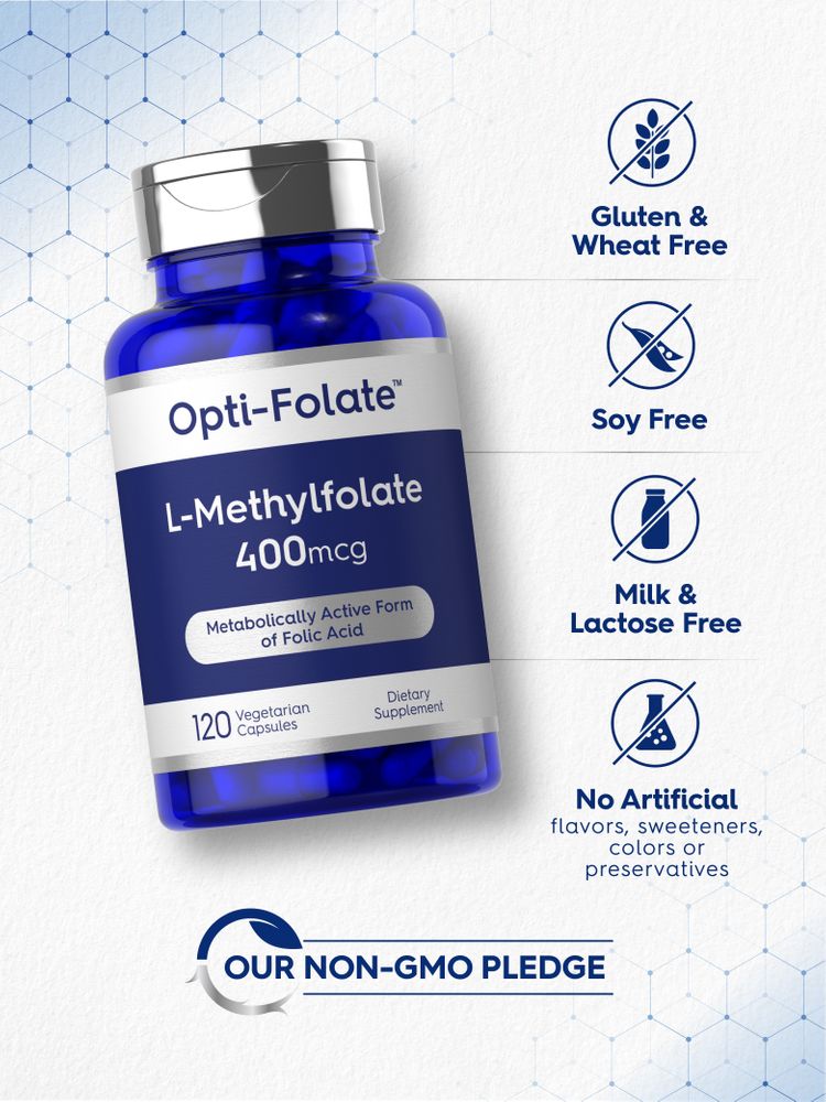 Opti-Folate L-Methylfolate 400mcg, 120 Vegetarian Capsules in bulk, shown with a hand for scale.