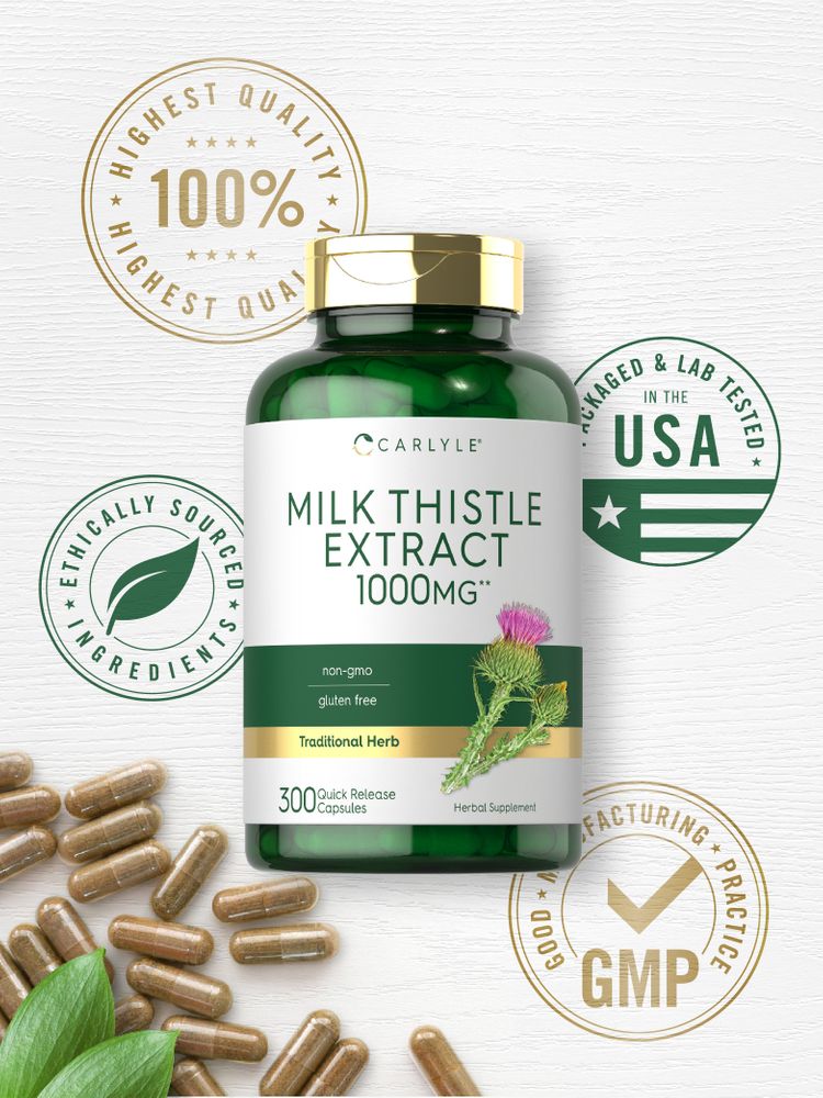 A hand holding Milk Thistle Extract 1000mg quick release capsules, emphasizing the product's natural supplement benefits.
