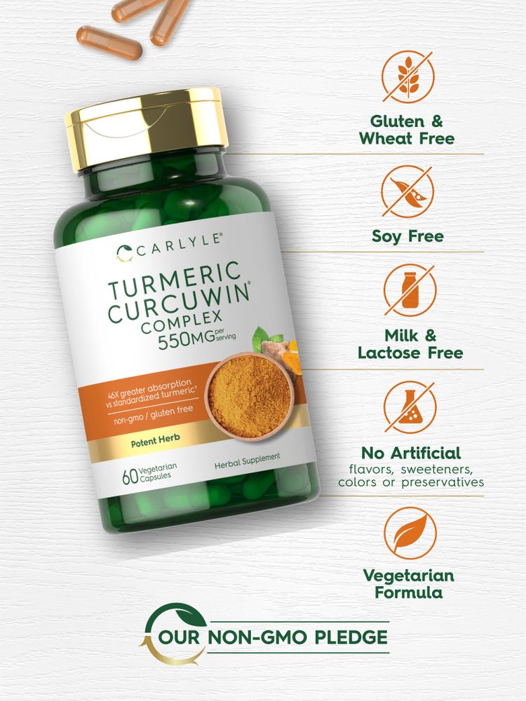 Carlyle Turmeric Curcuwin Complex 550 mg 60 Vegetarian Capsules with scattered orange capsules.