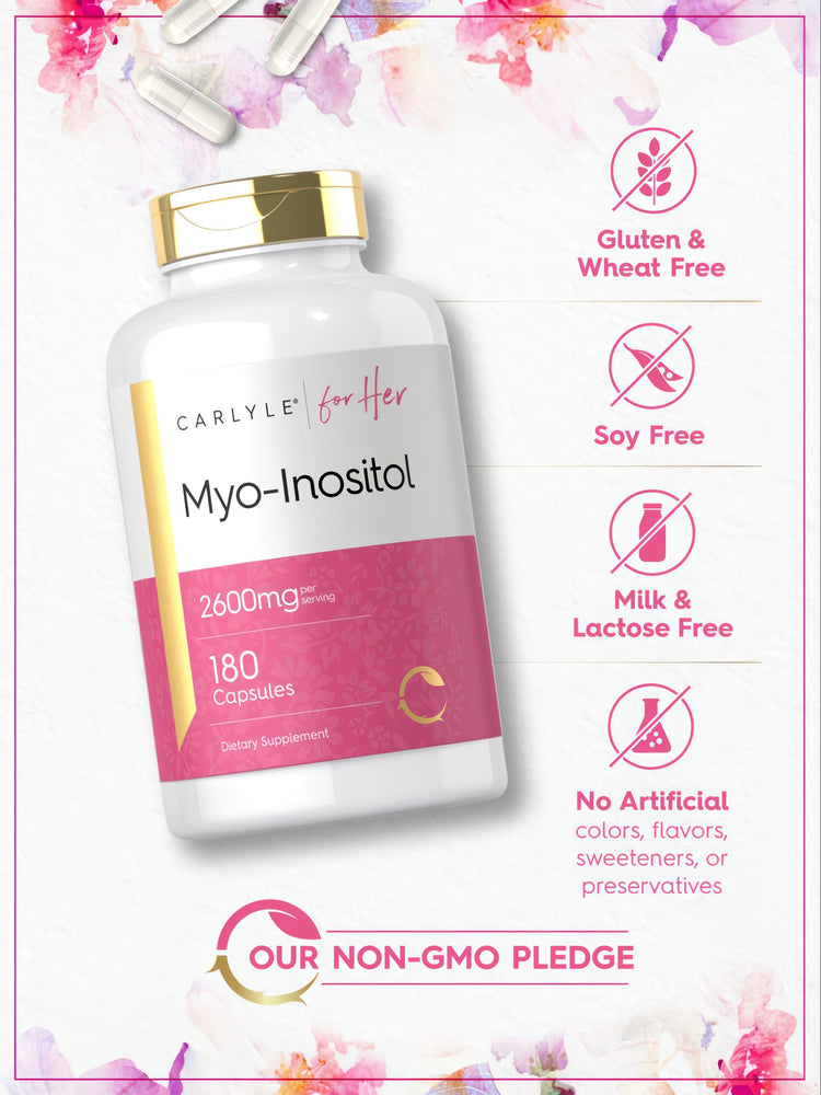 Myo-Inositol bottle: Gluten & Wheat Free, Soy Free, Milk & Lactose Free, No Artificial Colors/Flavors/Sweeteners/Preservatives, NON-GMO