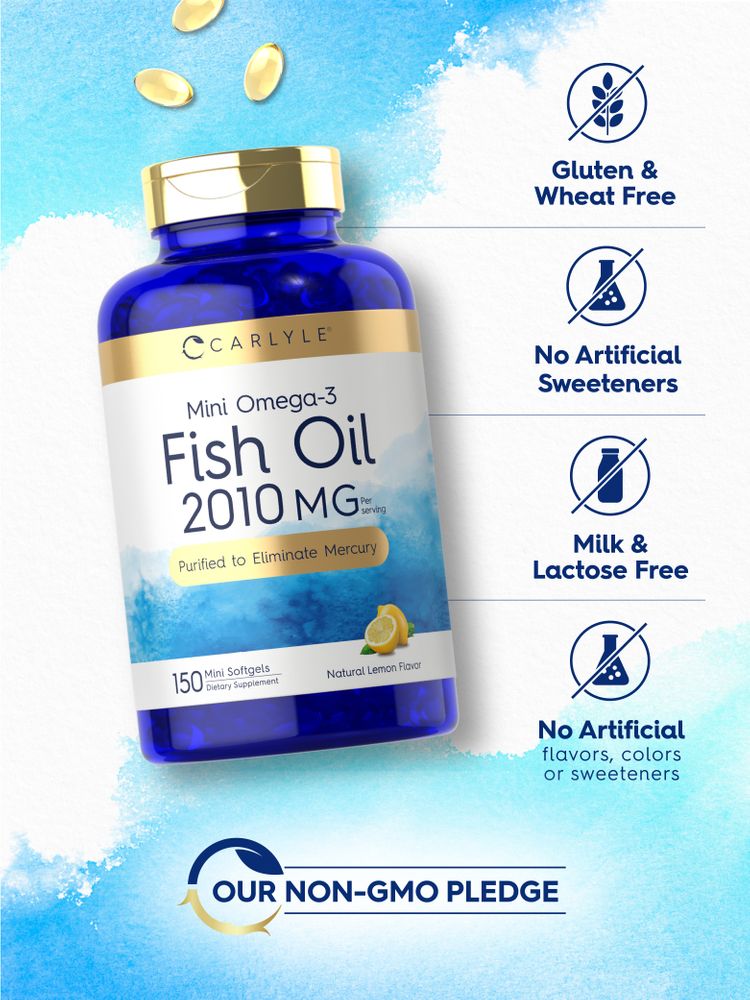 Hand holding a scale of golden, oval mini softgels for Mini Omega-3 Fish Oil 2010 MG.