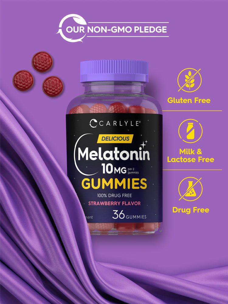 Melatonin bottle with icons indicating Non-GMO, Gluten Free, Milk & Lactose Free, Drug Free attributes.