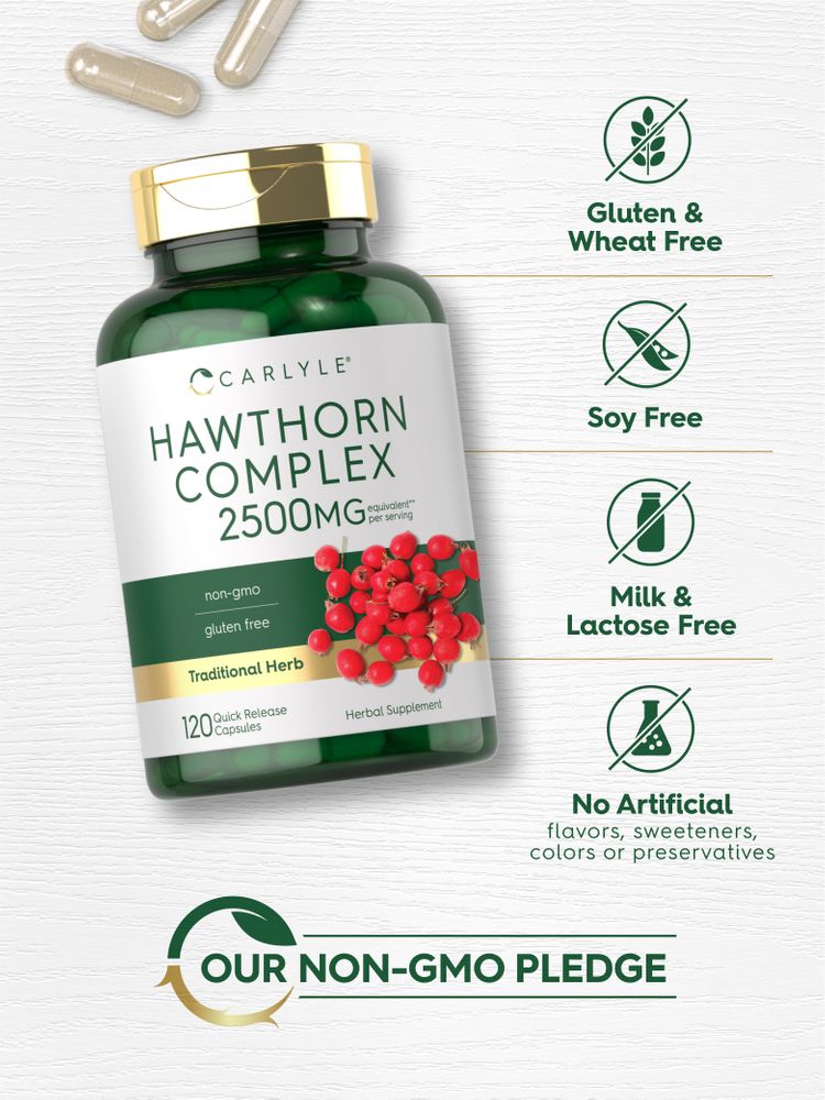 Hawthorn Complex 2500mg Quick Release Capsules are scattered on a beige surface.