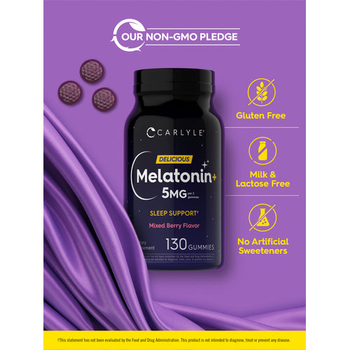 View 5 Melatonin Gummies bottle with icons indicating Non-GMO, Gluten Free, Milk & Lactose Free, No Artificial Sweeteners.