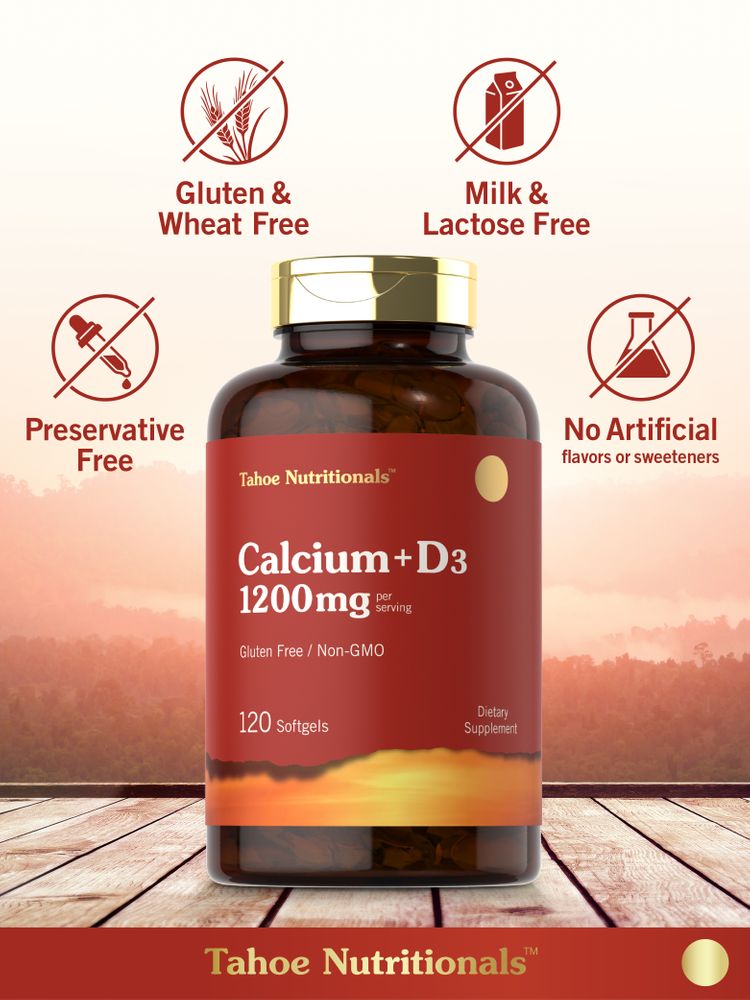 Bottle of Tahoe Nutritionals Calcium + D3 with 120 softgels, providing 1200mg per serving.