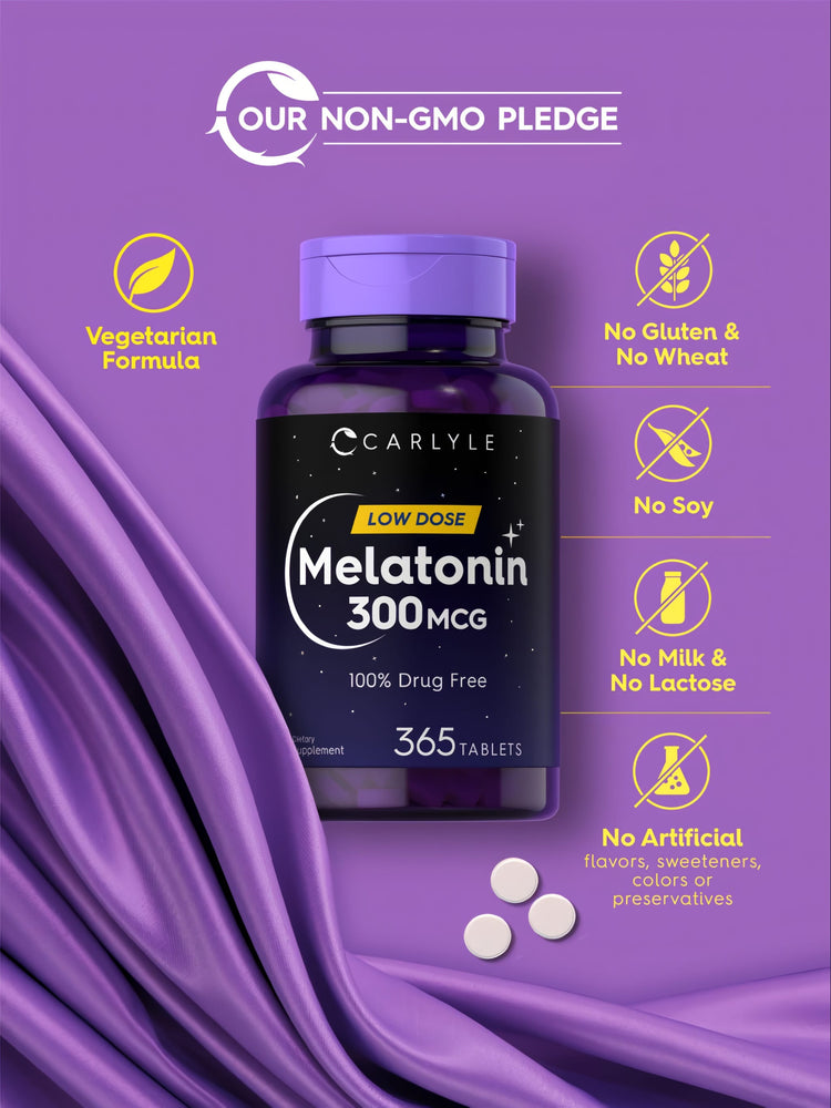 Hand holding Carlyle Melatonin 300mcg tablets.