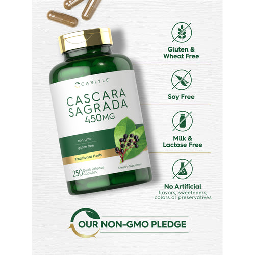 View 5 Cascara Sagrada bottle with icons indicating Gluten & Wheat Free, Soy Free, Milk & Lactose Free, No Artificial Flavors or Preservatives, Non-GMO.