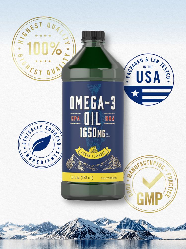 A hand holding a 16 fl. oz. (473 mL) bottle of lemon-flavored Omega-3 Oil 1650MG, illustrating its bulk scale size.