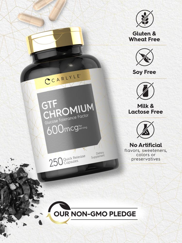 Bottle of Carlyle GTF Chromium 600 mcg, 250 Quick Release Capsules with loose capsules visible.