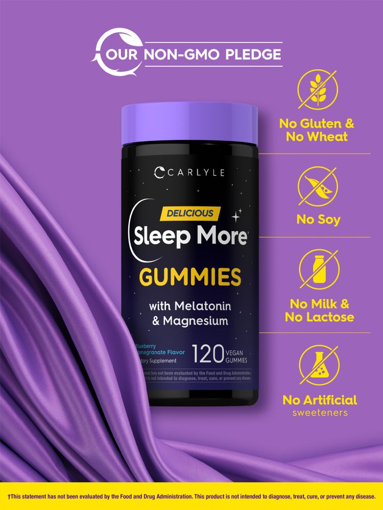 SleepMore Gummies bottle: Non-GMO, no gluten, wheat, soy, milk, lactose, or artificial sweeteners.