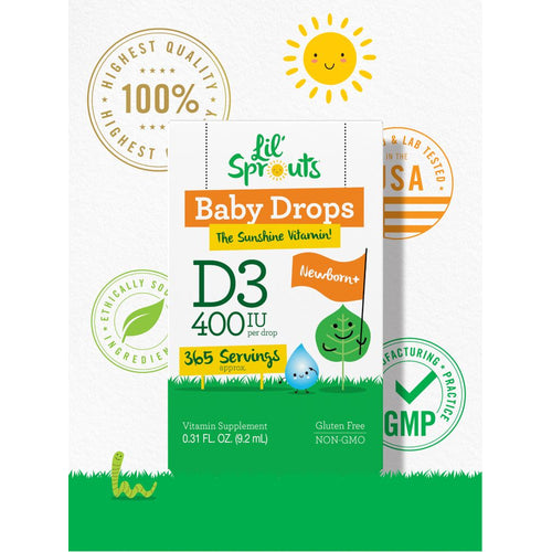View 5 The product is Lil' Sprouts Baby Drops D3 400 IU, measuring 0.31 FL. OZ. (9.2 mL), shown on a hand scale.