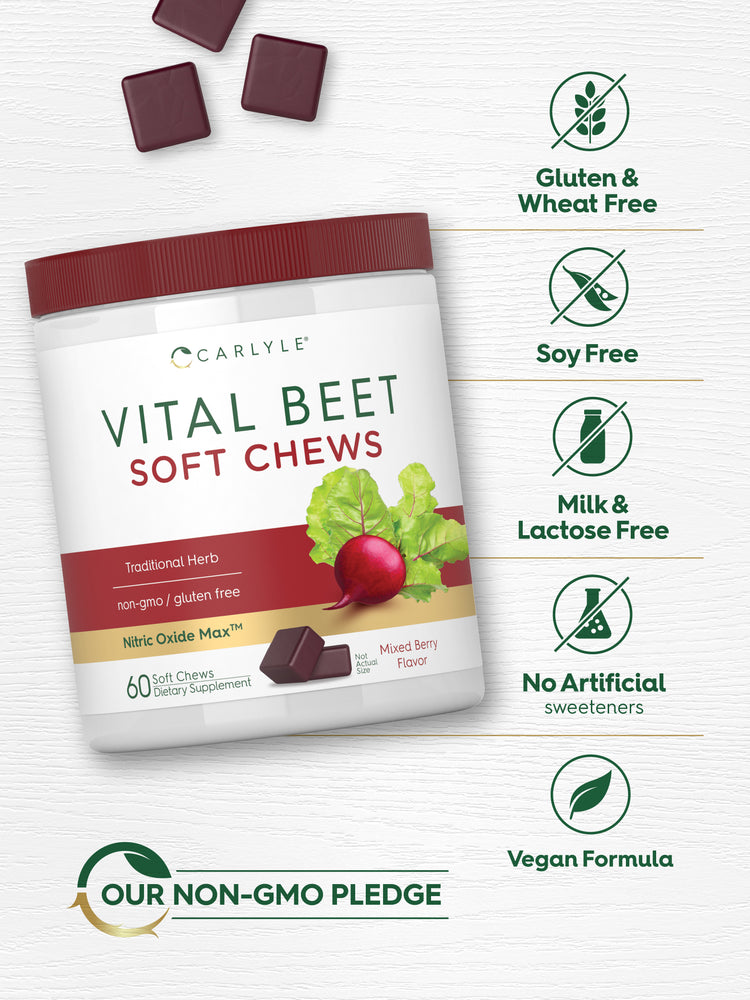 Carlyle Vital Beet Soft Chews, Mixed Berry, Traditional Herb, non-gmo, gluten free, Nitric Oxide Max, 60 Soft Chews.