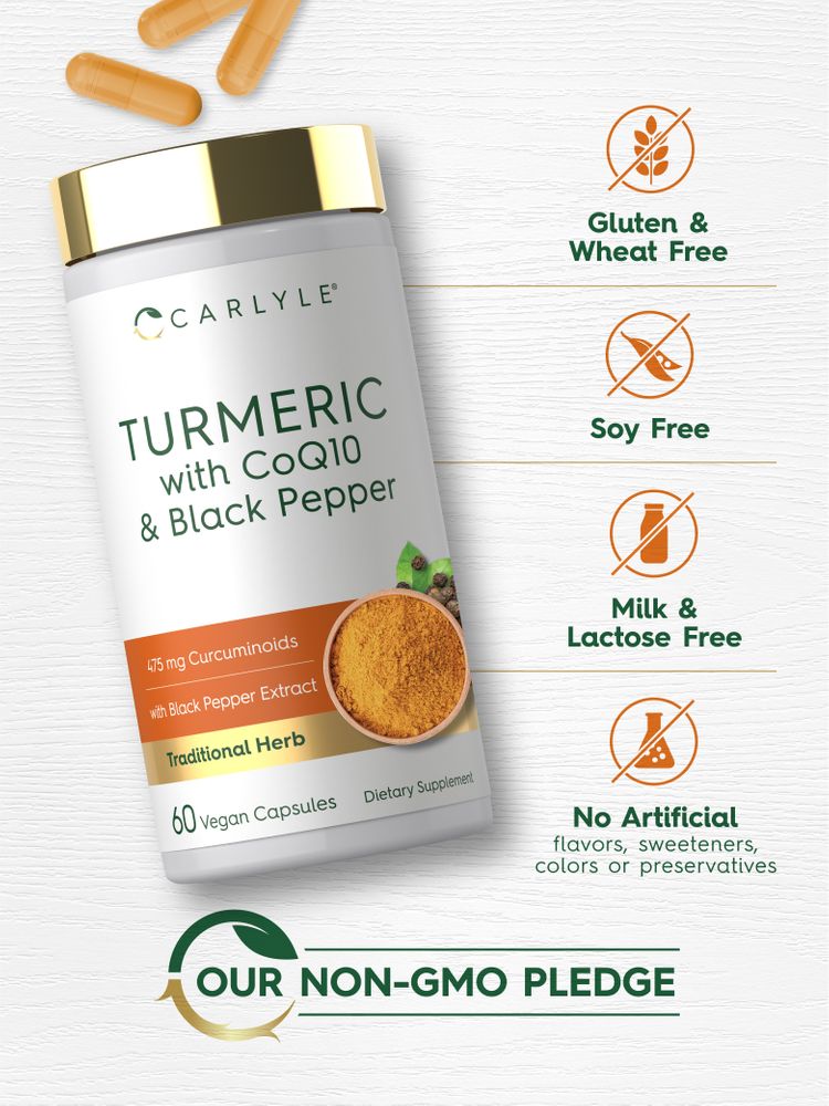Orange vegan capsules, 475 mg Curcuminoids of Carlyle Turmeric with CoQ10 and Black Pepper on a hand scale.
