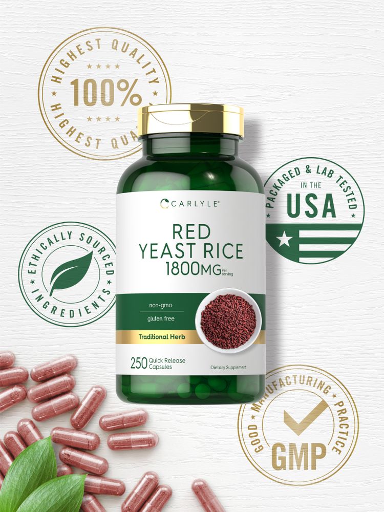 Hand holding Red Yeast Rice 1800 mg quick release capsules, showcasing bottle size on a bulk scale.