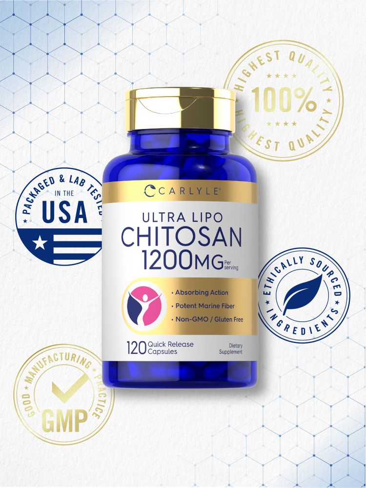 120 Carlyle Ultra Lipo Chitosan 1200mg capsules on a hand scale.
