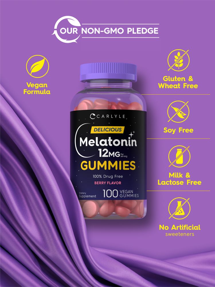 Carlyle Melatonin gummies offer 12mg per serving, with 100 vegan gummies in each bottle.