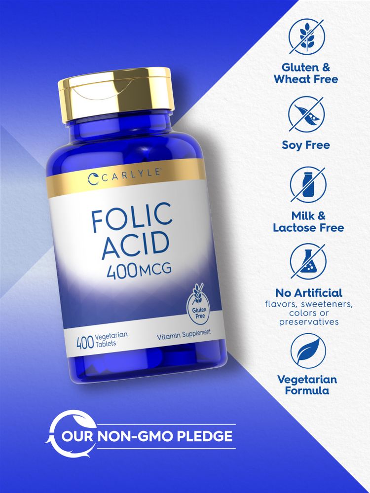 Folic Acid bottle: Gluten & Wheat Free, Soy Free, Milk & Lactose Free, No Artificial Flavors/Sweeteners/Colors/Preservatives, Vegetarian, Non-GMO