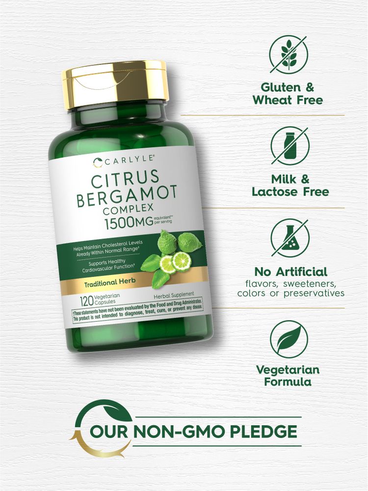 Bergamot bottle: Gluten & Wheat Free, Milk & Lactose Free, No Artificial Flavors/Sweeteners/Colors/Preservatives, Vegetarian Formula, Non-GMO Pledge.