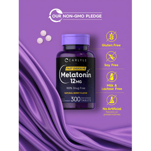 View 5 Three small, round, fast dissolve 12 mg melatonin tablets on a hand scale.