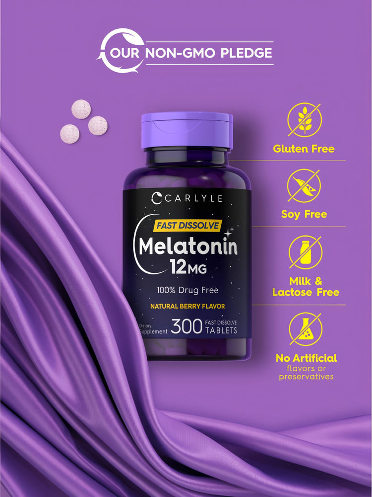 Three small, round, fast dissolve 12 mg melatonin tablets on a hand scale.