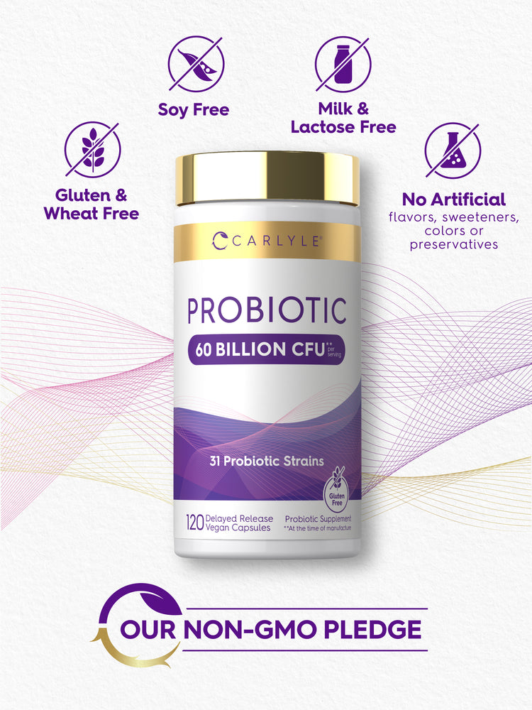 Probiotic bottle: Soy Free, Milk & Lactose Free, Gluten & Wheat Free, No Artificial Flavors/Sweeteners/Colors/Preservatives, Gluten Free, NON-GMO PLEDGE