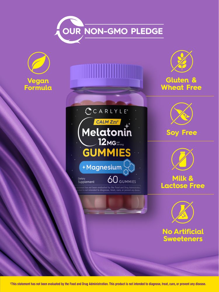 Melatonin Gummies bottle: Vegan Formula, Non-GMO, Gluten & Wheat Free, Soy Free, Milk & Lactose Free, No Artificial Sweeteners