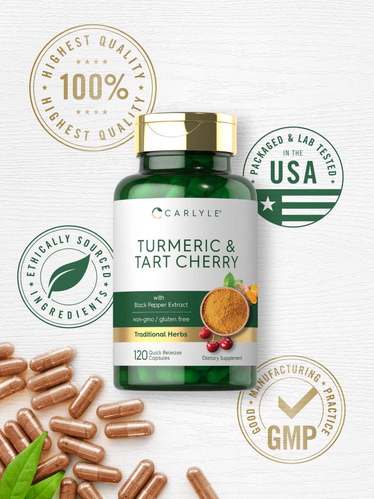Carlyle Turmeric & Tart Cherry bottle and brown quick release capsules, totaling 120 capsules per bottle.