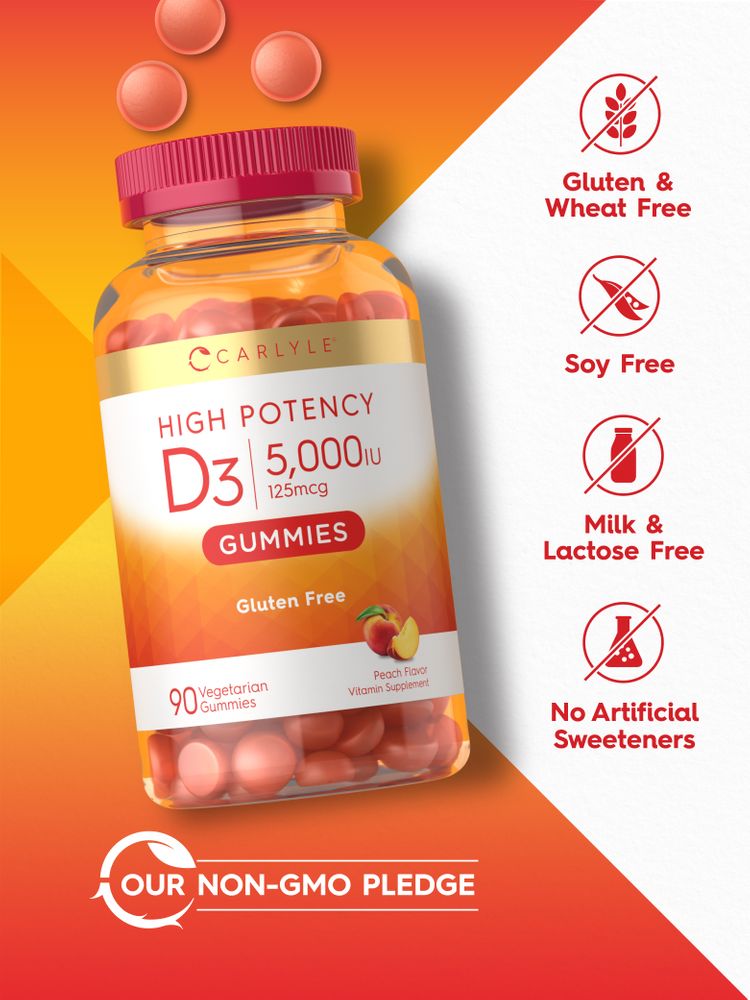 Carlyle Vitamin D3 5000 IU peach-flavored gummies bottle with three loose gummies beside it.