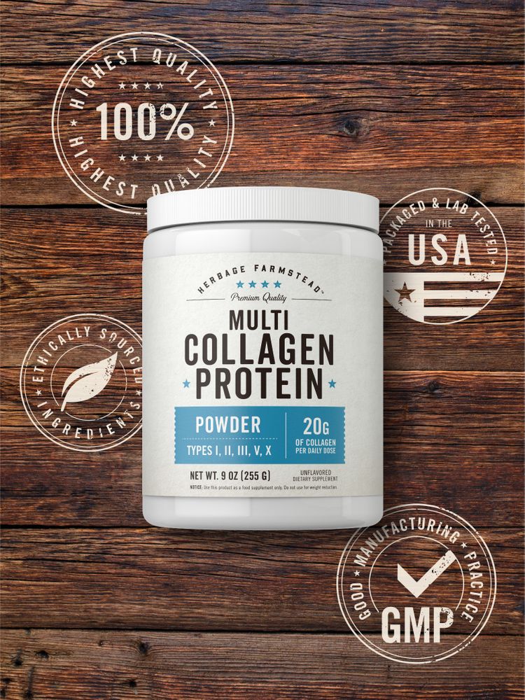 Multi Collagen Protein Powder, Types I, II, III, V, X, 9 OZ (255 G) with 20G of collagen per daily dose.