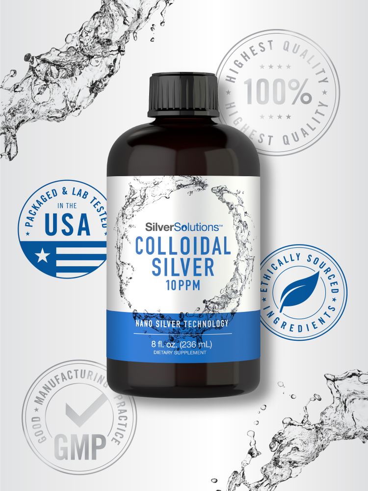 Hand holding a bottle of SilverSolutions'™ Colloidal Silver liquid, 10 PPM, 8 fl. oz. (236 mL), for visualization of size.