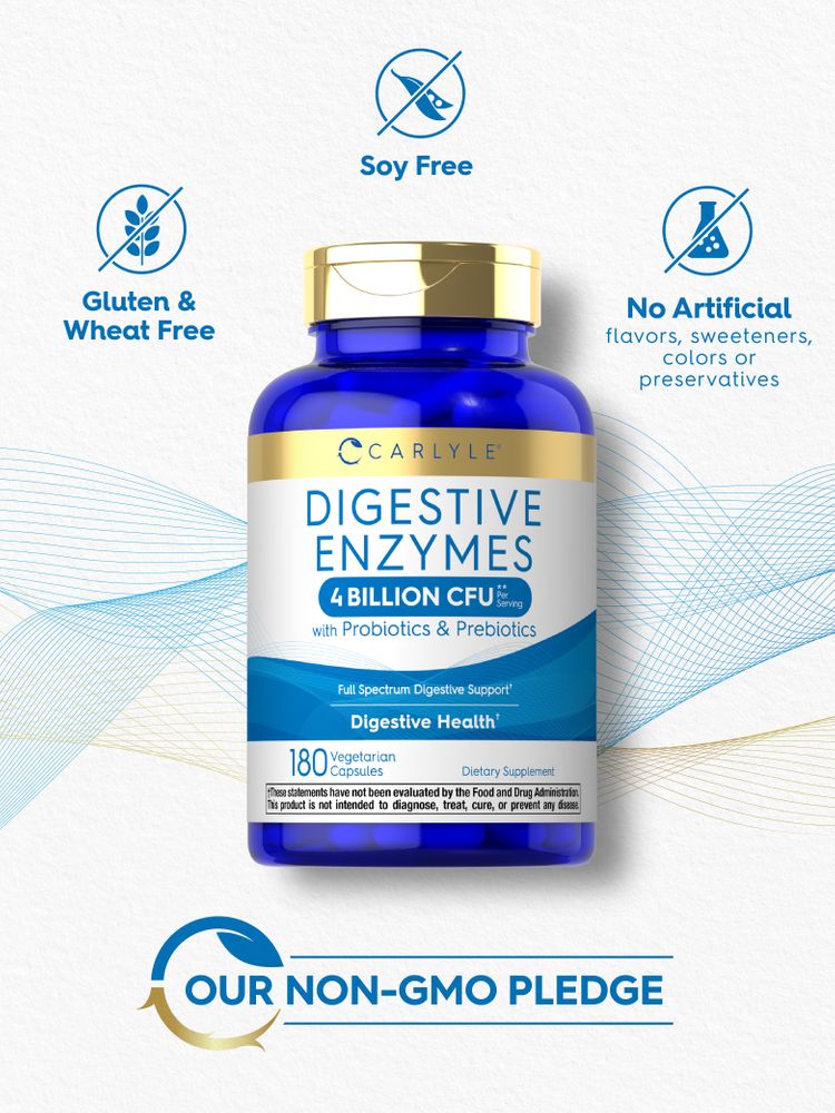 Digestive Enzymes bottle: Soy Free, Gluten & Wheat Free, No Artificial Flavors, Sweeteners, Colors, Preservatives, Non-GMO.