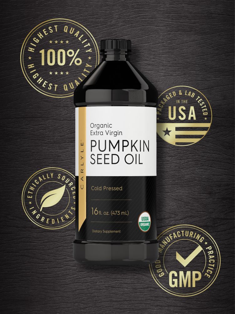 A 16 fl. oz. (473 mL) bottle of organic extra virgin pumpkin seed oil.