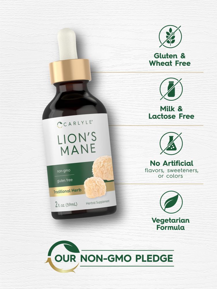Lion's Mane Liquid bottle: Gluten & Wheat Free, Milk & Lactose Free, No Artificial Flavors/Sweeteners/Colors, Vegetarian Formula, Non-GMO