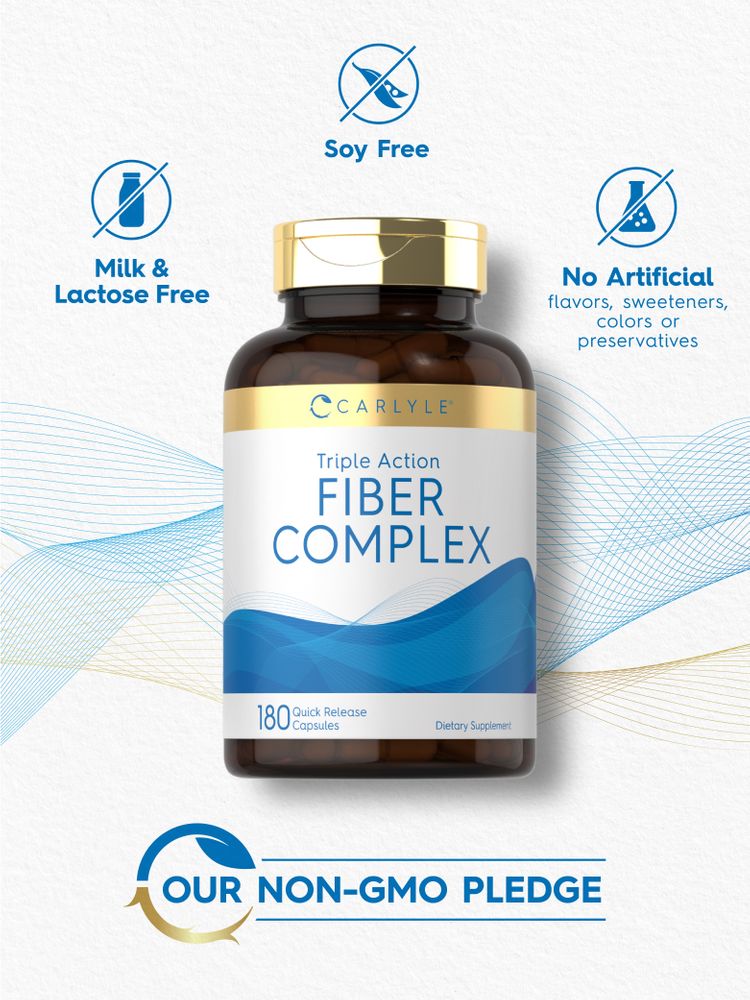 Fiber bottle labeled Milk & Lactose Free, Soy Free, No Artificial Flavors, Sweeteners, Colors, Preservatives, Non-GMO.