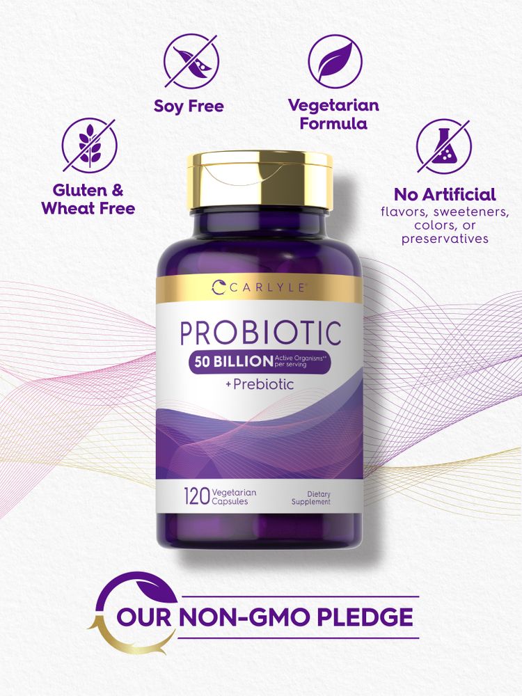 Probiotic supplement with 50 billion active organisms per serving and 120 vegetarian capsules.
